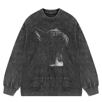Уличный французский бульдог, вымытый черный вязаный свитер Y2K M чёрный