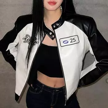 Уличный мотоциклетный стиль C, вышивка контрастного цвета, лоскутная свободная кожаная куртка на молнии для ранней осени, новый крутой наряд S