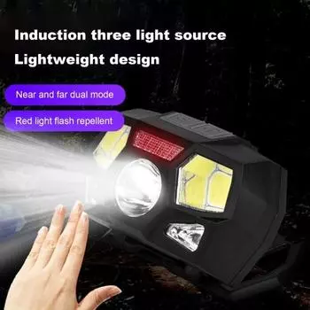 Уличный налобный фонарь с боковым освещением, супер яркий, высокий люмен, перезаряжаемый, водонепроницаемый, с датчиком движения, налобный фонарь, снаряжение для кемпинга чёрный
