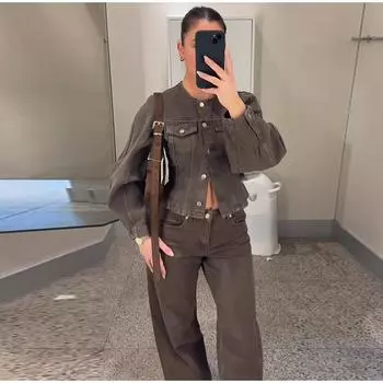 Уличный однотонный джинсовый женский брючный костюм Y2k с круглым вырезом, однобортный, облегающий пиджак, брюки на молнии с карманами, весна-осень 2025 г., женский комплект S коричневый