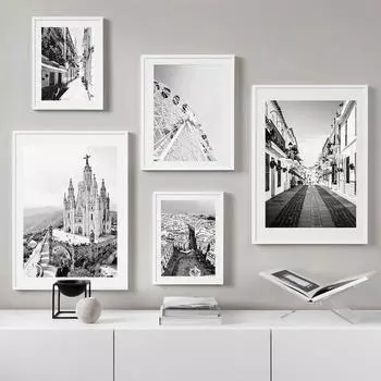 Уличный пейзаж, холст, картины, домашний декор, печать плакатов, Мадрид, Испания, черный, белый цвет, пейзаж, современные настенные панно, искусство для гостиной A4 21x30cm No Frame