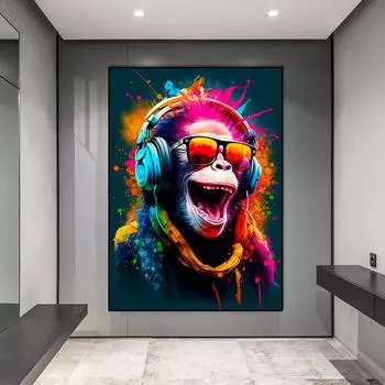 Уличный поп-арт, забавные животные, обезьяны в наушниках, постеры, принты, игровые ручки, картина на холсте, настенное искусство для домашнего декора 21X30cm No Frame