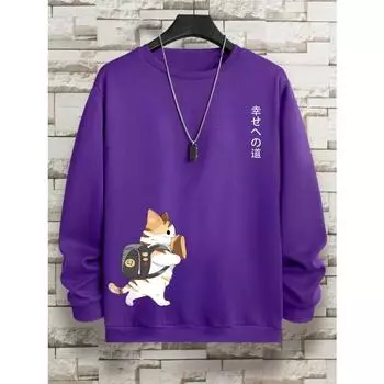 Уличный повседневный женский/мужской свитер с принтом кота и мультфильмов, толстовка с капюшоном, теплая мягкая свободная флисовая женская одежда с круглым вырезом S