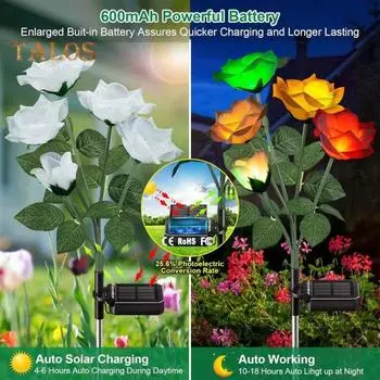 Уличный солнечный садовый светильник с 5 головками, меняющий цвет, водонепроницаемый, на солнечной энергии, роза, свет, украшение для двора белый