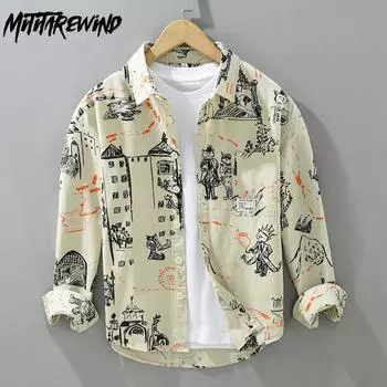 Уличный стиль Арт Принт Смешная рубашка для мужчин Весна/Осень Новая модная мужская одежда с длинным рукавом из чистого хлопка Мужская рубашка Повседневный свободный топ M абрикосовый