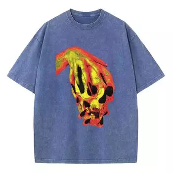 Уличный стиль футболка женская из вываренного денима с принтом черепа новая свободная с круглым вырезом и коротким рукавом студенческая вечеринка винтажный топ S