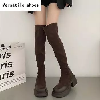 Уличный стиль Эластичные женские сапоги выше колена Осень-зима Толстый каблук Женские лаконичные длинные Botas De Mujer 35