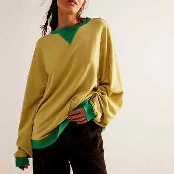 Уличный стиль, контрастная цветная нить, длинный рукав, свободный трендовый бренд, открытая плечевая куртка с капюшоном и круглым вырезом для женщин, весна-осень S