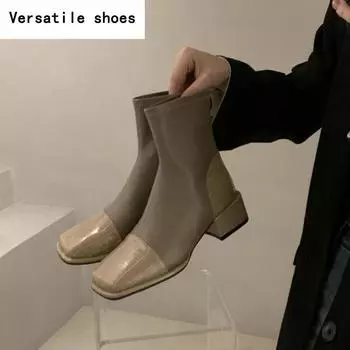 Уличный стиль, квадратный носок, женские ботильоны, модные молнии, современные короткие ботинки, осень-зима, женские лаконичные туфли на толстом каблуке 35