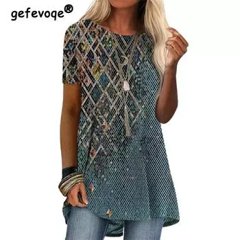 Уличный стиль, модная цифровая печать, миди, повседневная футболка, женская, с коротким рукавом, Harajuku Y2K, свободная футболка, женская летняя одежда, топы S