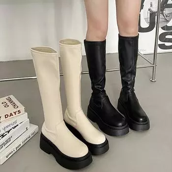 Уличный стиль осень-зима длинные сапоги до колена женские модные туфли на платформе и каблуках женские повседневные мягкие кожаные туфли 35