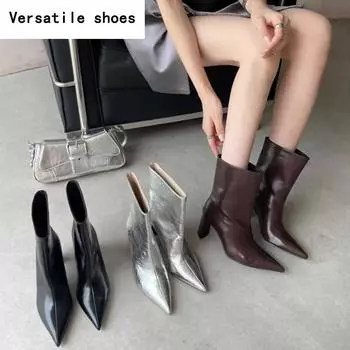 Уличный стиль, остроносые женские ботильоны, модные туфли на квадратном каблуке для танцев, выпускного вечера, лаконичные короткие ботильоны 35