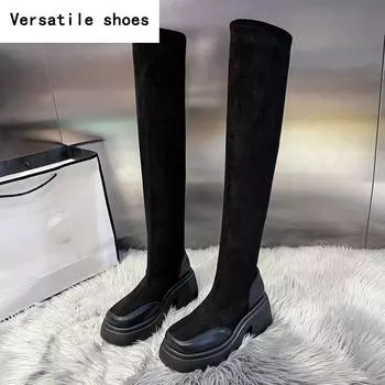 Уличный стиль Платформа Стрейч Женские Сапоги Выше Колена Модные Туфли На Толстом Каблуке Сохраняют Тепло Дамы Длинные Ботинки De Mujer 35