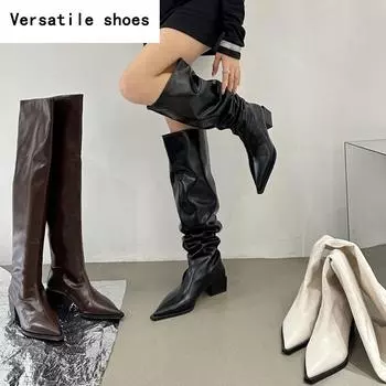 Уличный стиль, плиссированные женские сапоги до колена, модные заостренные носки, длинные сапоги, дизайнерские туфли на квадратном каблуке, Botas De Mujer 35