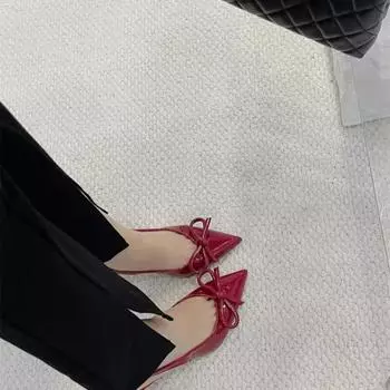 Уличный стиль Сексуальные красные туфли с острым носком на высоком каблуке Женские туфли с бантом и мелкой подошвой Модные туфли-лодочки Сандалии Туфли-лодочки Платье Свадебные мюли 35