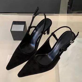 Уличный стиль Сексуальные туфли-лодочки с ремешком на пряжке сзади, сандалии стриптизерши, однотонные черные с острым носком, на ремешке сзади, на высоком каблуке, женская обувь 35 чёрный