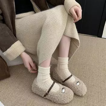 Уличный стиль Теплые женские туфли Мэри Джейн Модные туфли на плоской подошве Лаконичные уличные туфли из хлопка на плоской подошве 35 кофейный
