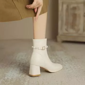 Уличный стиль толстый каблук женские ботильоны модные туфли с квадратным носком жемчуг зимние женские элегантные короткие Botas De Mujer 35 бежевый