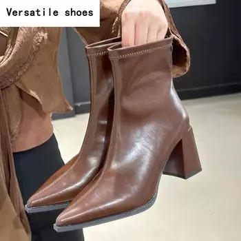 Уличный стиль, высокие каблуки, женские ботильоны, модные туфли с острым носком, зимние женские элегантные короткие ботинки Botas De Mujer 35