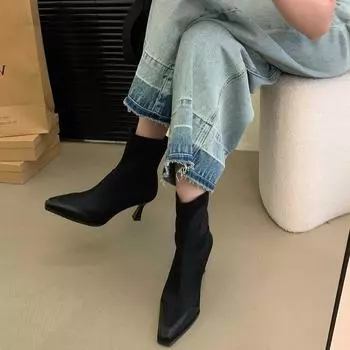 Уличный стиль женские ботильоны модные элегантные туфли на молнии осень-зима высокие каблуки женские эластичные современные короткие ботильоны 35