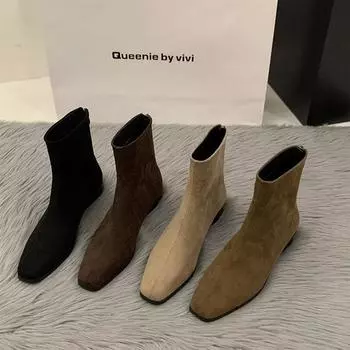 Уличный стиль женские ботильоны модные элегантные туфли на молнии осень-зима квадратный каблук женские эластичные современные короткие ботильоны 35 коричневый