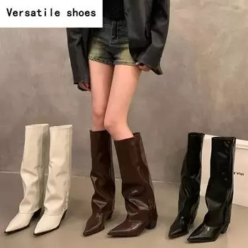 Уличный стиль, женские сапоги до колена, модные туфли на толстом каблуке, осень-зима, женские лаконичные длинные ботинки De Mujer 35