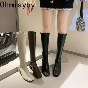 Уличный стиль, зимние теплые хлопковые женские сапоги до колена, модные мягкие кожаные длинные ботинки, лаконичные квадратные каблуки, женская обувь 35