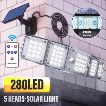 Уличный светильник на солнечных батареях 280 светодиодов с датчиком движения, прожектором, IP65 с дистанционным управлением и удлинителем 5 м для использования в гараже на террасе