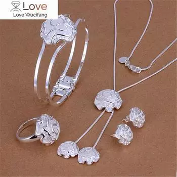 Уличный универсальный браслет из стерлингового серебра 925 пробы с цветком, кольца, браслет, ожерелье, серьги-гвоздики для женщин, комплект ювелирных изделий, модный подарок на вечеринку 45CM and 20CM