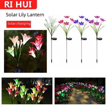 Уличный водонепроницаемый 4-х головной солнечный светильник в виде цветка лилии - декоративное ландшафтное освещение для дворов и газонов Purple [color light]. Solar Lawn Light фиолетовый