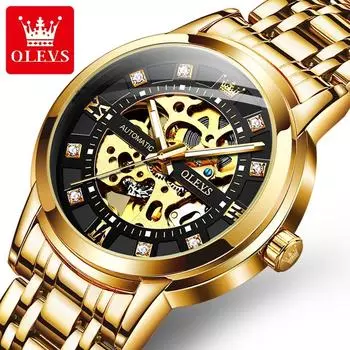 Ully Automatic Diamond Inkwheel Hollow Mechanical Watch Мужские водонепроницаемые светящиеся золотые наручные часы с ремешком из нержавеющей стали Мужские деловые часы чёрный/золотой