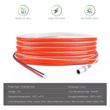 Ultra Bright FCOB COB LED Strip Lights 12V Flexible 5MM PCB Width RA90 Super Thin Neon Tape For Kitchen Cabinet Room Decoration 5m теплый белый