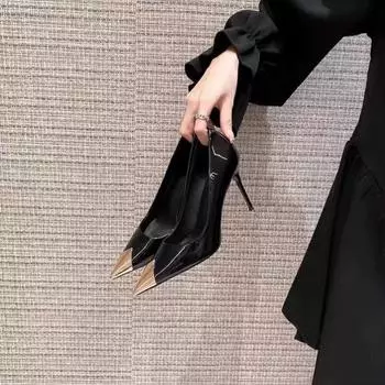 Ultra-high black patent leather high heels autumn 2025 autumn large size new metal pointed thin heel single shoes women 35
