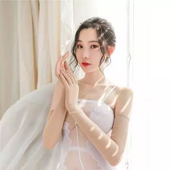 Ultra-Thin Stockings Gloves Black Silk Gloves plus Arm Sleeve Silky Stretch Five-finger Gloves Sexy Hand Silk Wedding Dance Skin color All yards