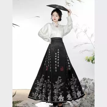 Улучшенная длинная юбка в стиле китайской династии Мин для женщин и взрослых, черная юбка с изображением лошадиной морды L чёрный