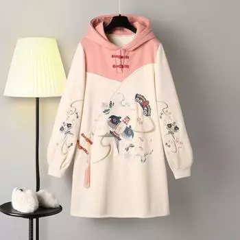 Улучшенная толстовка с капюшоном Hanfu и вышивкой в китайском стиле плюс бархатное утолщенное свободное женское платье больших размеров 2XL розовый