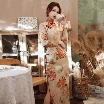 Улучшенное длинное платье Cheongsam в китайском стиле, повседневное платье с темпераментом 2XL красный/синий