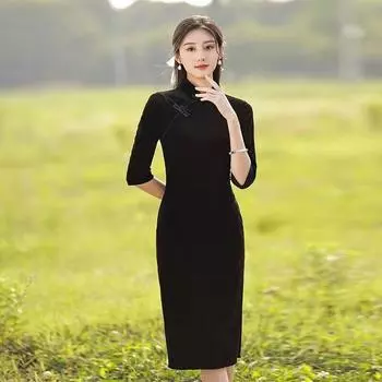 Улучшенное платье Cheongsam Black Temperament Cheongsam с длинными рукавами 2XL чёрный