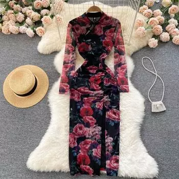 Улучшенное платье Cheongsam в этническом стиле, женское платье с длинными рукавами и полым дизайном в стиле ретро, новое тонкое хип-платье с открытой упаковкой