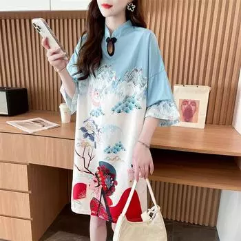 Улучшенное платье Cheongsam в китайском стиле, женское летнее свободное платье больших размеров с коротким рукавом M красный