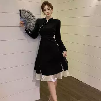 Улучшенное платье Cheongsam в китайском стиле, сетчатая юбка большого размера, черное платье 2XL чёрный