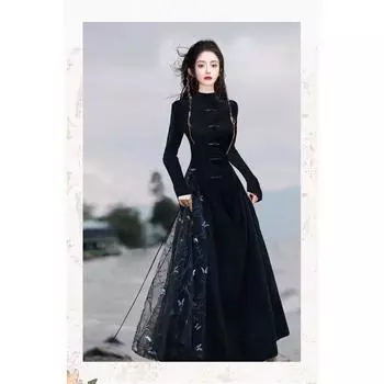Улучшенное повседневное платье Cheongsam в китайском стиле, женское черное длинное платье с трехмерной бабочкой в стиле ретро в стиле ретро 2XL чёрный