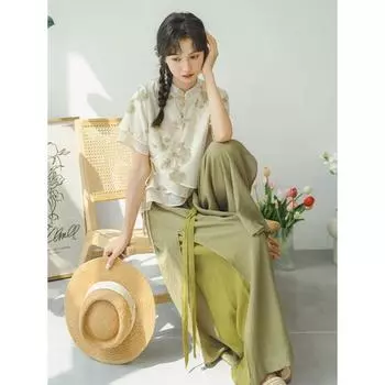 Улучшенный Cheongsam в литературном китайском стиле с высокой талией, повседневные брюки, женский костюм L разноцветный