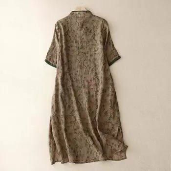 Улучшенный ципао с пуговицами, новый хлопковый и льняной воротник-стойка, рубашка, юбка, тяжелая промышленность, вышитое платье, напечатанное сращивание, средняя и длинная юбка M зелёный