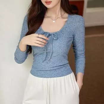 Улучшенный дизайн Sense плиссированная шнуровка хлопковая футболка женская с длинным рукавом осенний сексуальный топ Spice Girl S