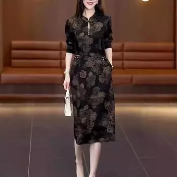 Улучшенный китайский стиль ципао для женщин среднего возраста, среднее и длинное тонкое платье с воротником-стойкой и длинными рукавами, закрывающее мясо, юбка XL бордовый