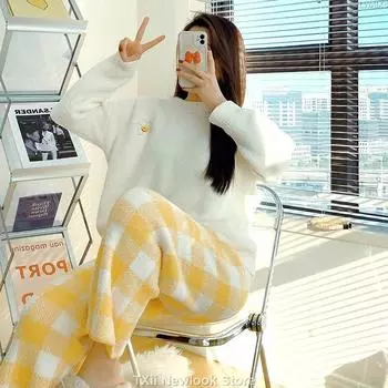 Улыбающаяся мягкая пижама для женщин осень-зима в японском стиле клетчатая домашняя одежда коралловый бархатный шерстяной костюм коралловый бархат One Size жёлтый