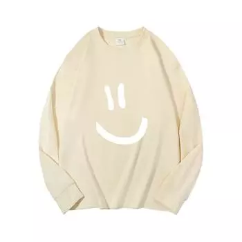 Улыбающееся лицо Белая осенняя одежда с длинными рукавами из чистого хлопка, новый мужской и женский топ, весенний внутренний слой, базовая рубашка, футболка с круглым вырезом и длинными рукавами M коричневый