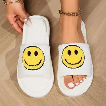 Улыбающееся лицо, плюшевый верх, хлопковые тапочки с открытым носком, плоская подошва для тепла, противоскользящая защита для дома 36-37 чёрный
