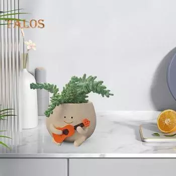 Улыбающееся лицо, суккулентный горшок, смоляной настольный цветочный горшок, маленькие растения, суккуленты, цветочный горшок, садовый подарок для любителей музыки бежевый